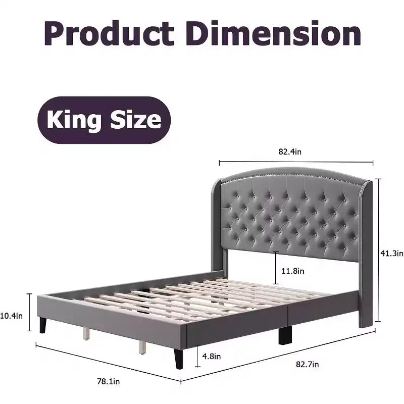 Cadre de lit King Size, Cadre de lit plateforme rembourré en velours doux