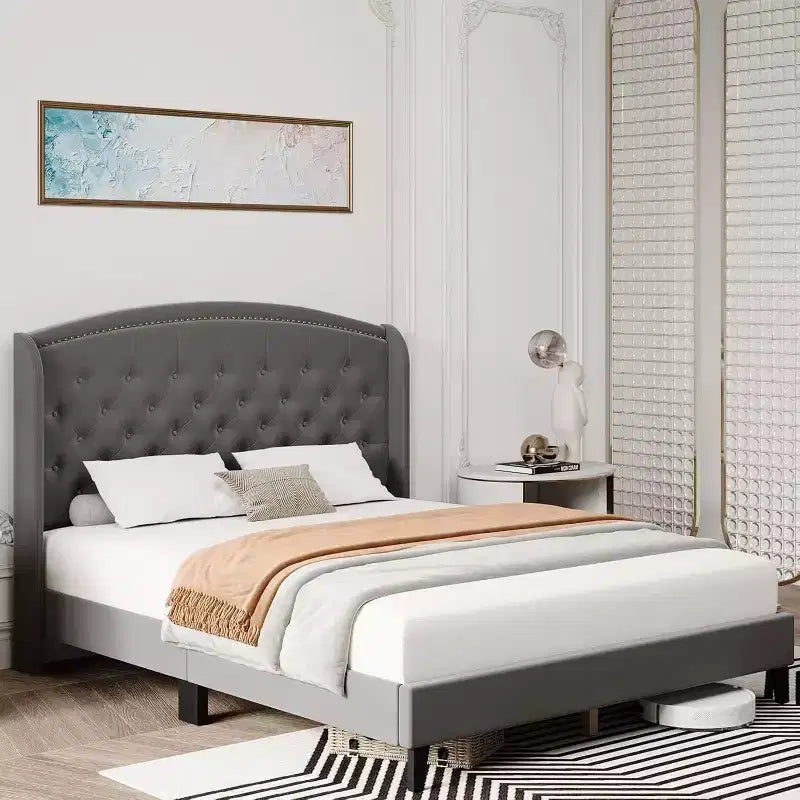 Cadre de lit King Size, Cadre de lit plateforme rembourré en velours doux