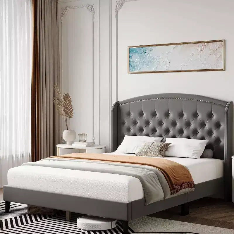 Cadre de lit King Size, Cadre de lit plateforme rembourré en velours doux