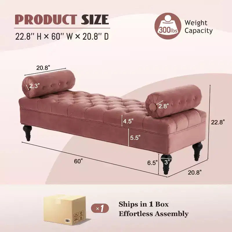 Banc de chambre tapissé en velours, banc de bout de lit capitonné avec 2 oreillers