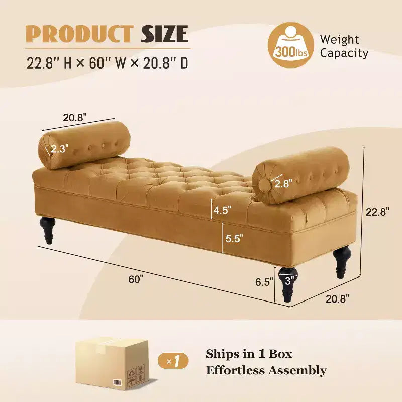 Banc de chambre tapissé en velours, banc de bout de lit capitonné avec 2 oreillers