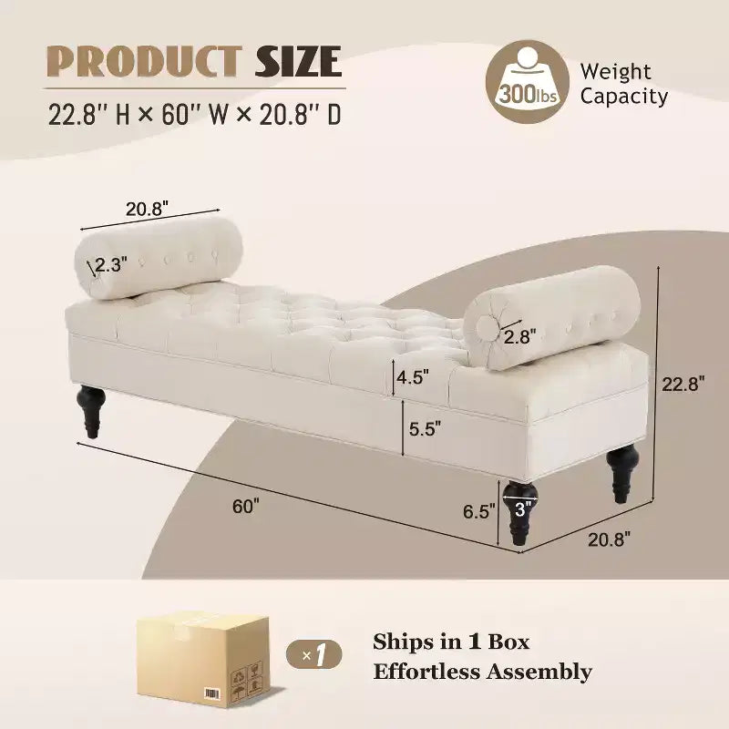 Banc de chambre tapissé en velours, banc de bout de lit capitonné avec 2 oreillers