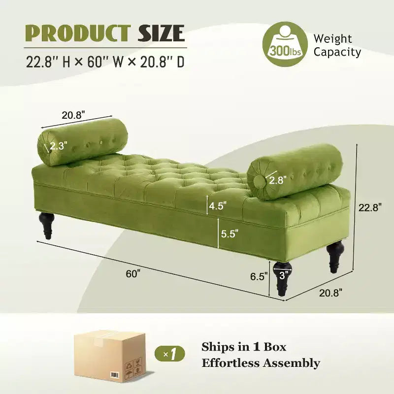 Banc de chambre tapissé en velours, banc de bout de lit capitonné avec 2 oreillers