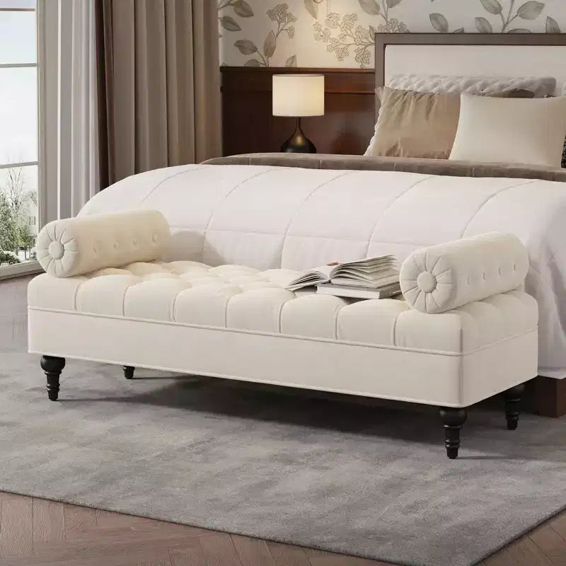 TUYOHW Velvet Upholstered Bedroom Bench,Tufted End of Bed Bench with 2 Pillows,Removable Cushions,Ottoman Bench for Living Room,Entryway,Bedroom