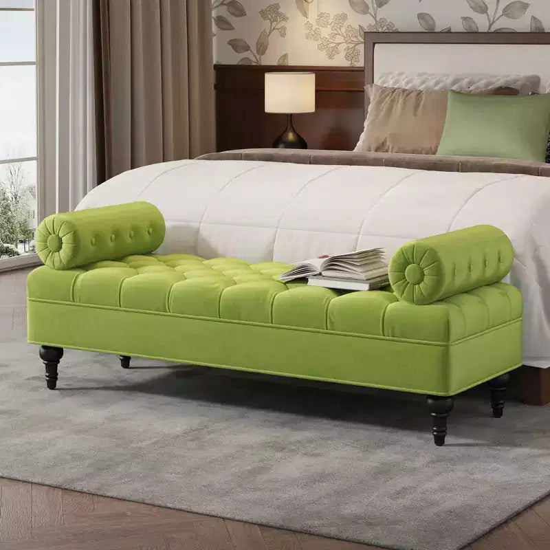 Banc de chambre tapissé en velours, banc de bout de lit capitonné avec 2 oreillers