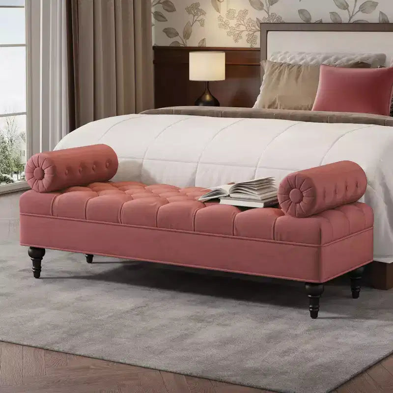 Banc de chambre tapissé en velours, banc de bout de lit capitonné avec 2 oreillers