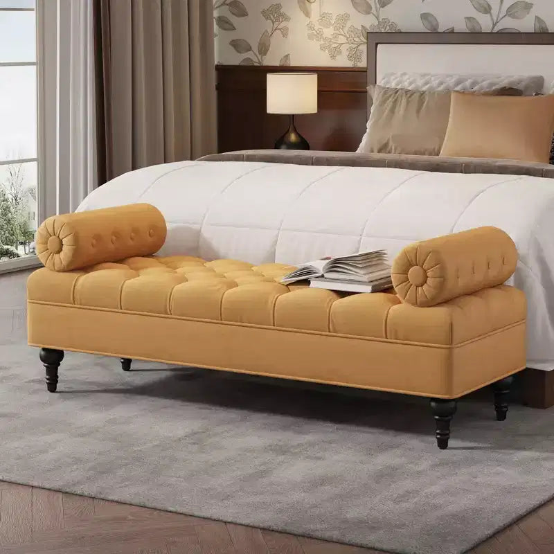 Banc de chambre tapissé en velours, banc de bout de lit capitonné avec 2 oreillers