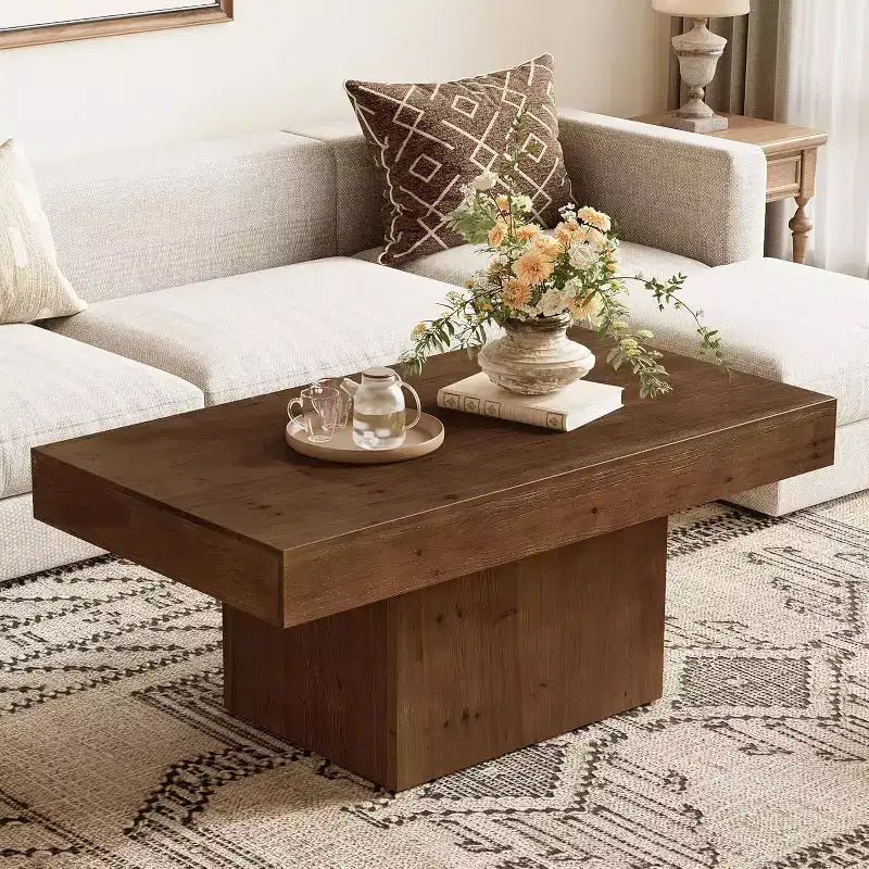 Table basse en bois massif pour salon, table basse rectangulaire centrale