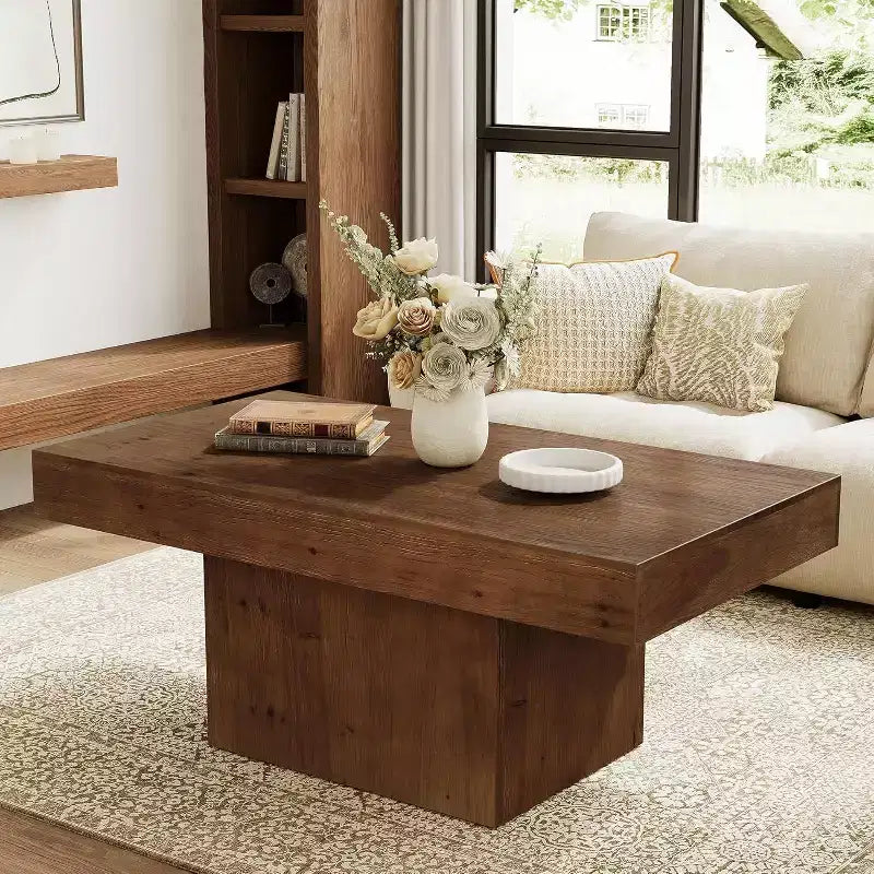 Table basse en bois massif pour salon, table basse rectangulaire centrale