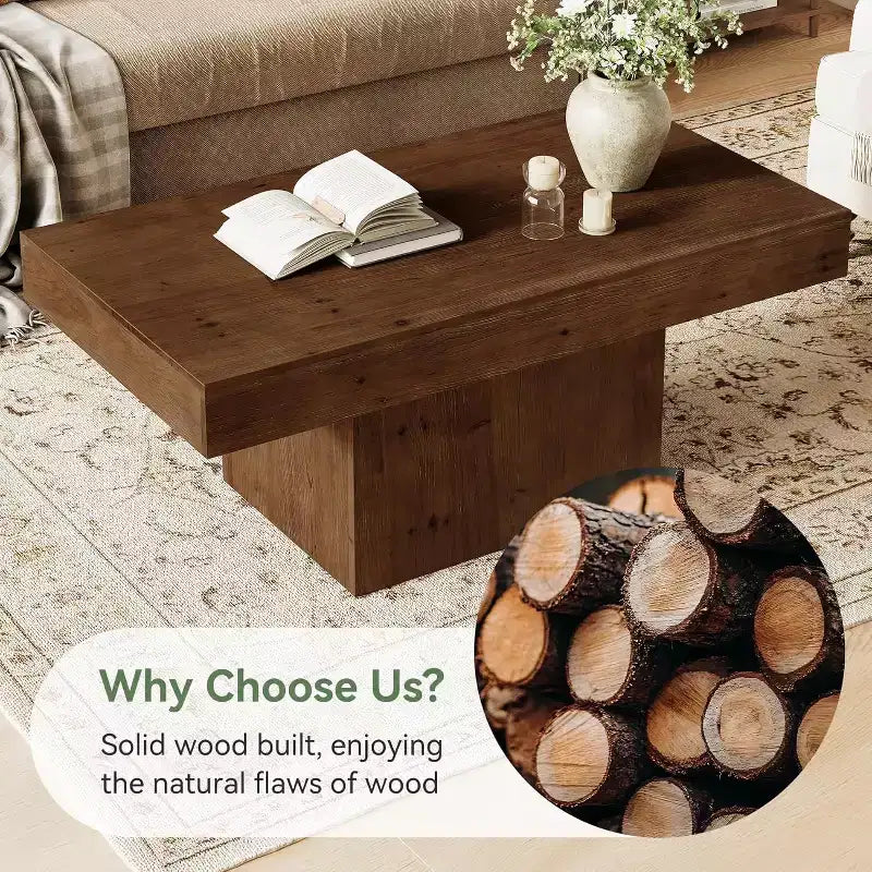 Table basse en bois massif pour salon, table basse rectangulaire centrale