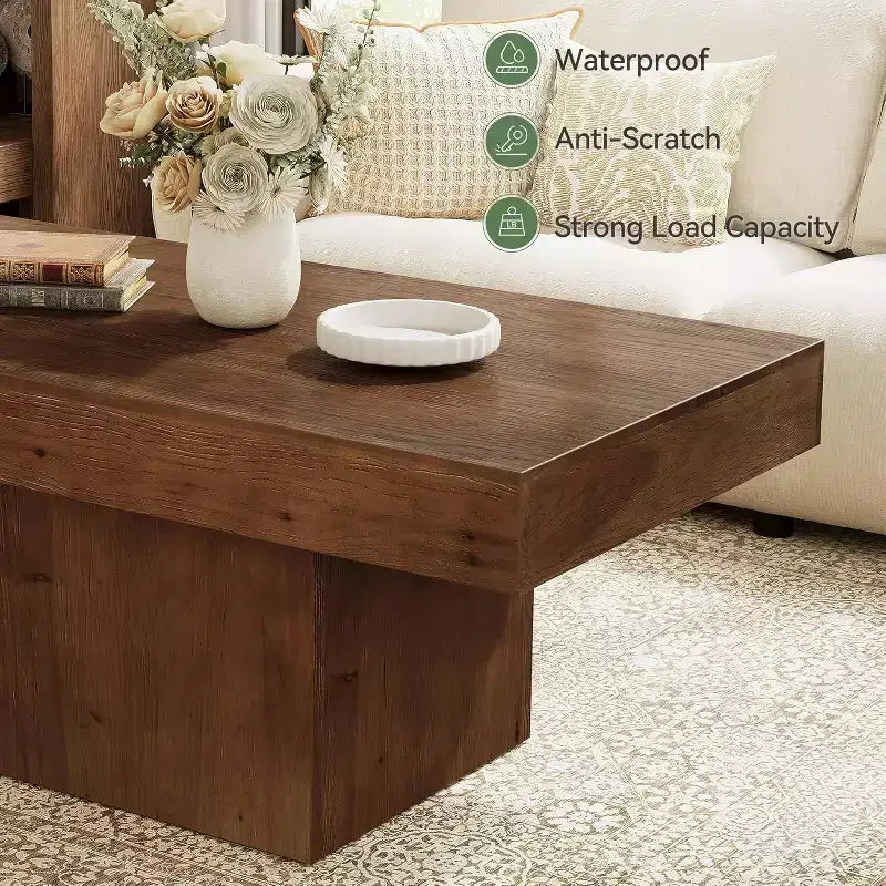 Table basse en bois massif pour salon, table basse rectangulaire centrale