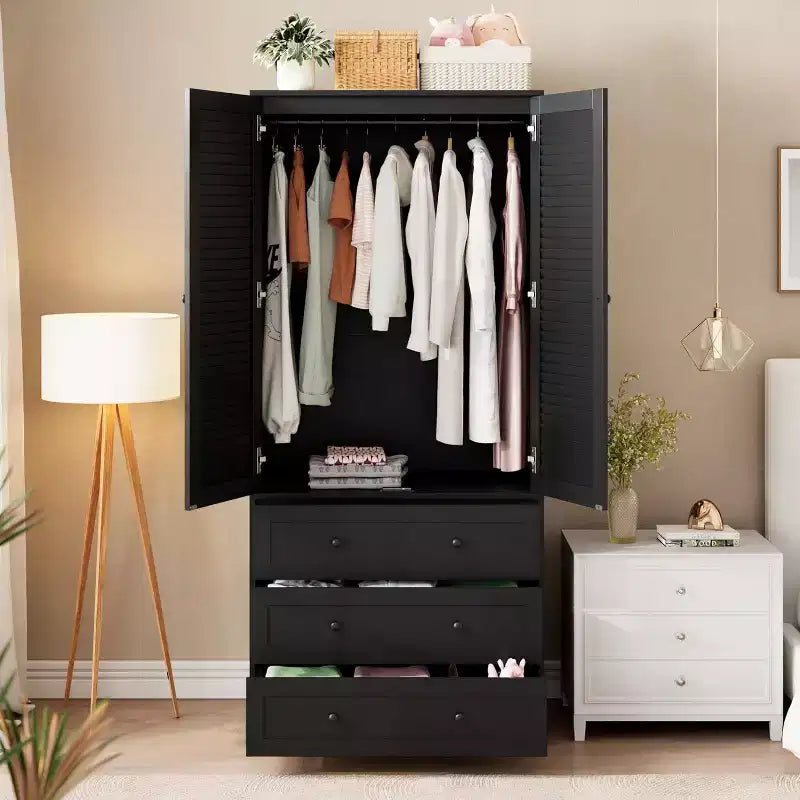 Armoire Wardrobe Closet with Drawers, Wooden Clothing Storage Cabinet with Hanging Rod, 2-Door Louvered Design, Large Capacity Wardrobe