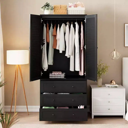 Armoire Wardrobe Closet with Drawers, Wooden Clothing Storage Cabinet with Hanging Rod, 2-Door Louvered Design, Large Capacity Wardrobe