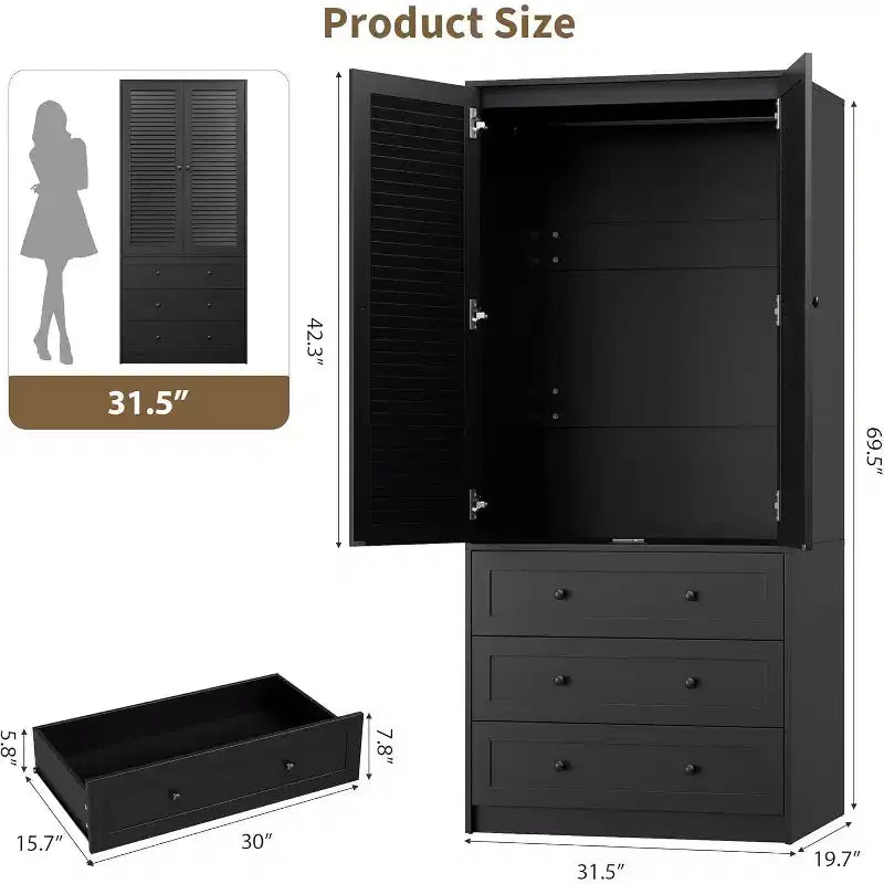 Armoire-penderie-commode en bois avec tiroirs