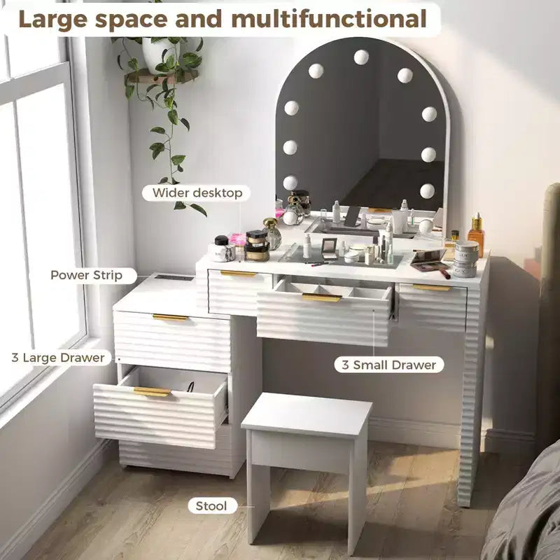 Coiffeuse avec miroir lumineux, plateau en verre