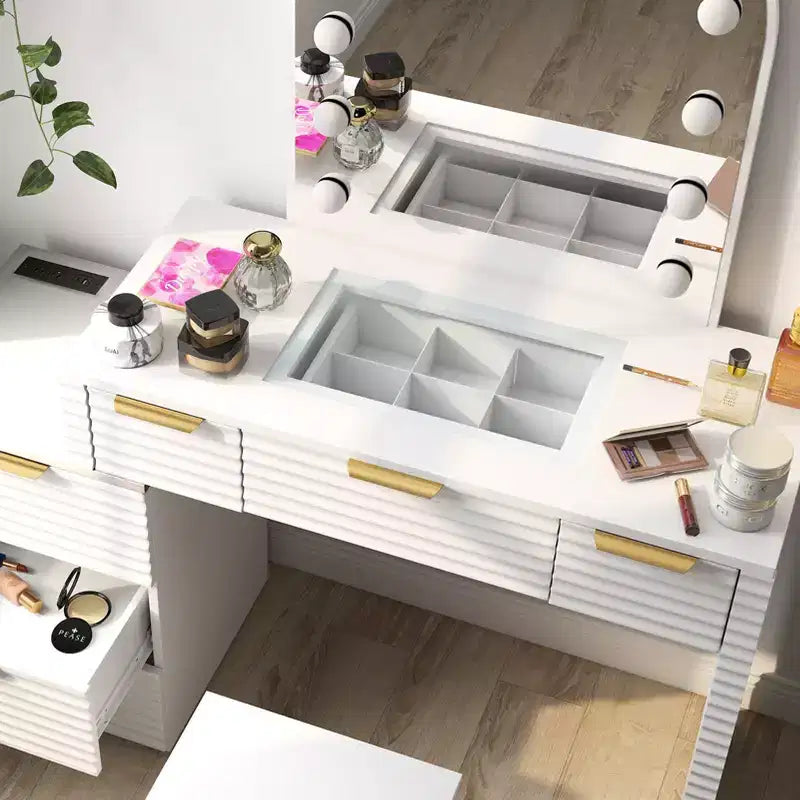 Coiffeuse avec miroir lumineux, plateau en verre