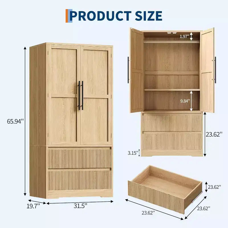 Meuble de rangement de ferme en bois naturel avec portes vitrées et tiroirs