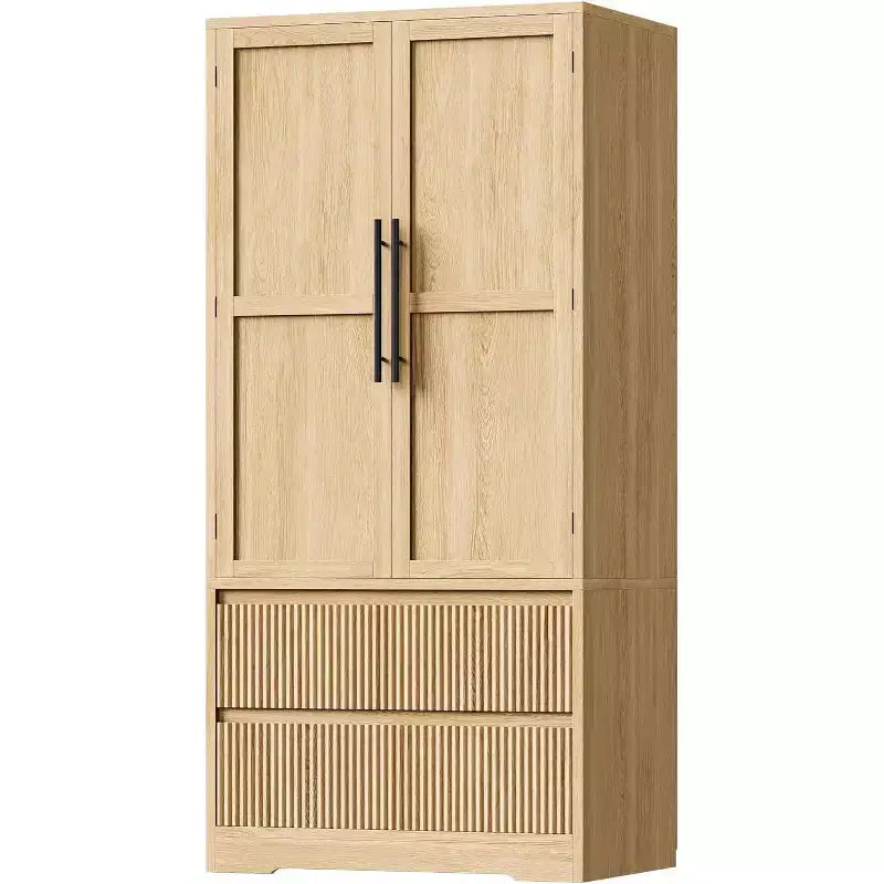 Meuble de rangement de ferme en bois naturel avec portes vitrées et tiroirs