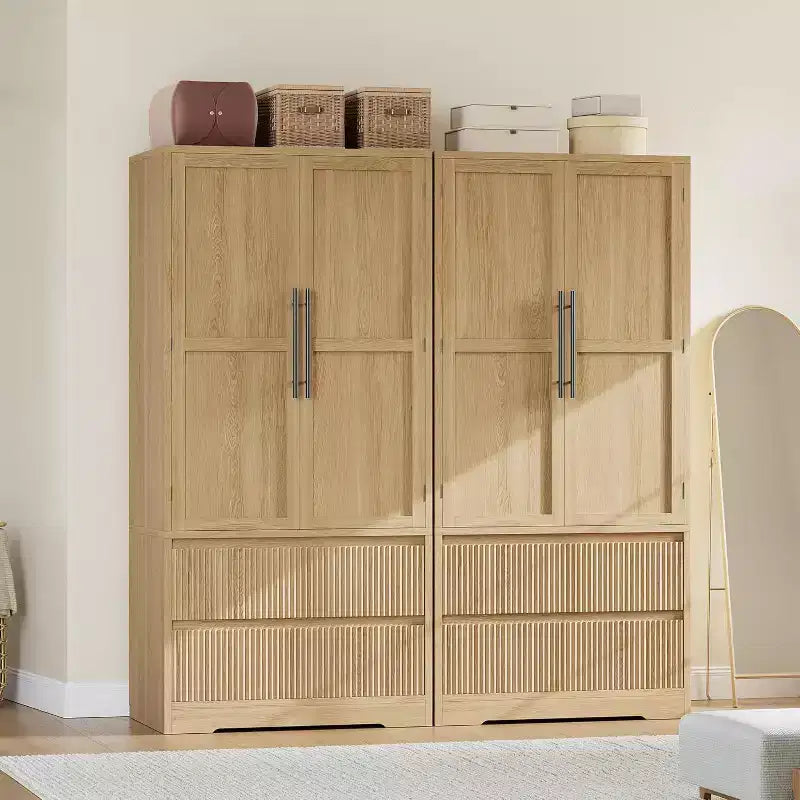 Meuble de rangement de ferme en bois naturel avec portes vitrées et tiroirs
