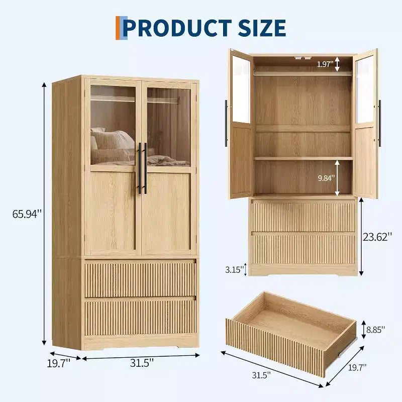 Meuble de rangement de ferme en bois naturel avec portes vitrées et tiroirs