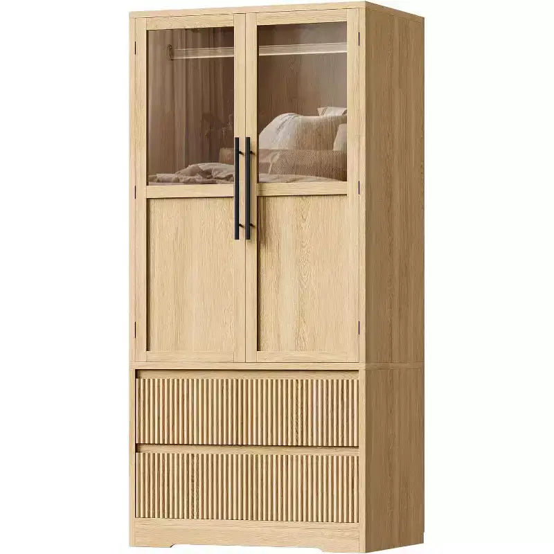 Meuble de rangement de ferme en bois naturel avec portes vitrées et tiroirs