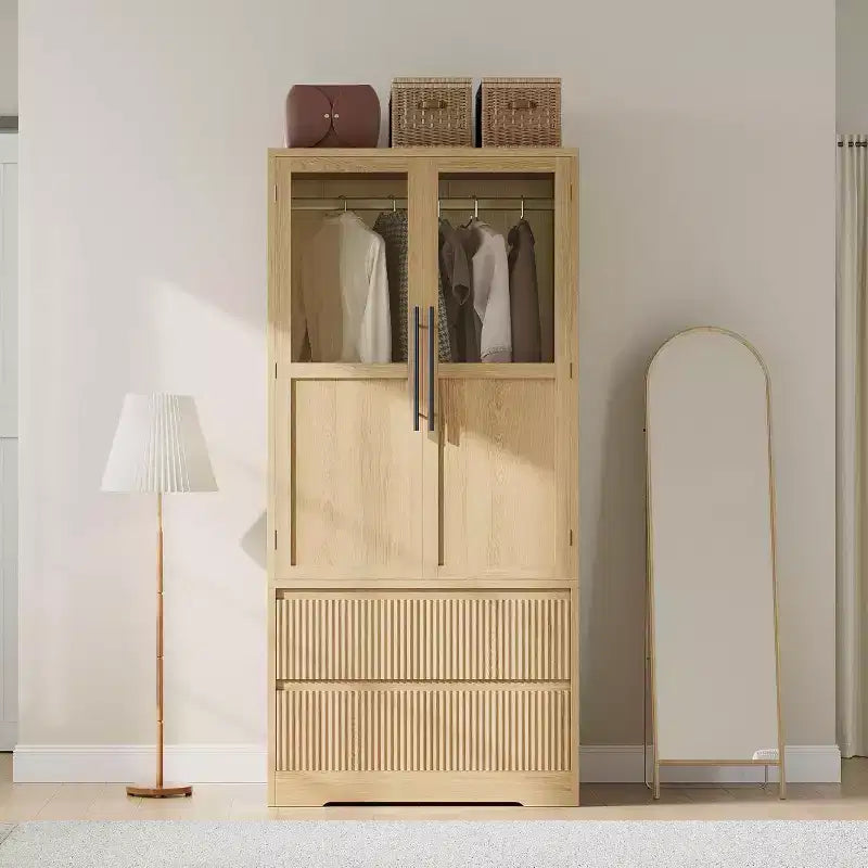 Meuble de rangement de ferme en bois naturel avec portes vitrées et tiroirs