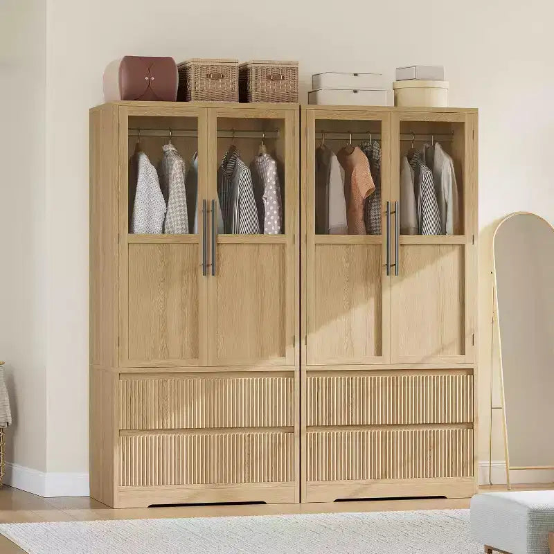 Meuble de rangement de ferme en bois naturel avec portes vitrées et tiroirs