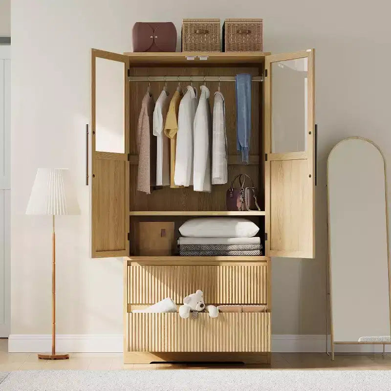 Meuble de rangement de ferme en bois naturel avec portes vitrées et tiroirs