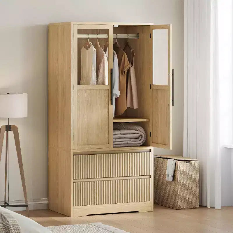Natural Wood Farmhouse Storage Cabinet with Glass Doors and Drawers, Anti-Tip Design, Space-Saving Organizer for Bedroom or Living Room