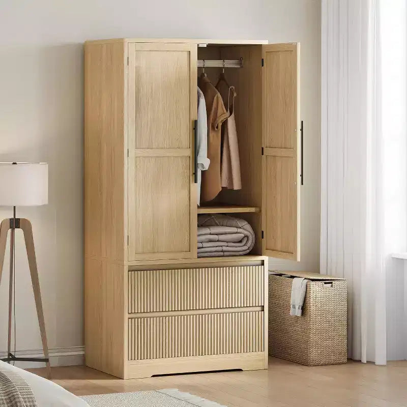 Meuble de rangement de ferme en bois naturel avec portes vitrées et tiroirs