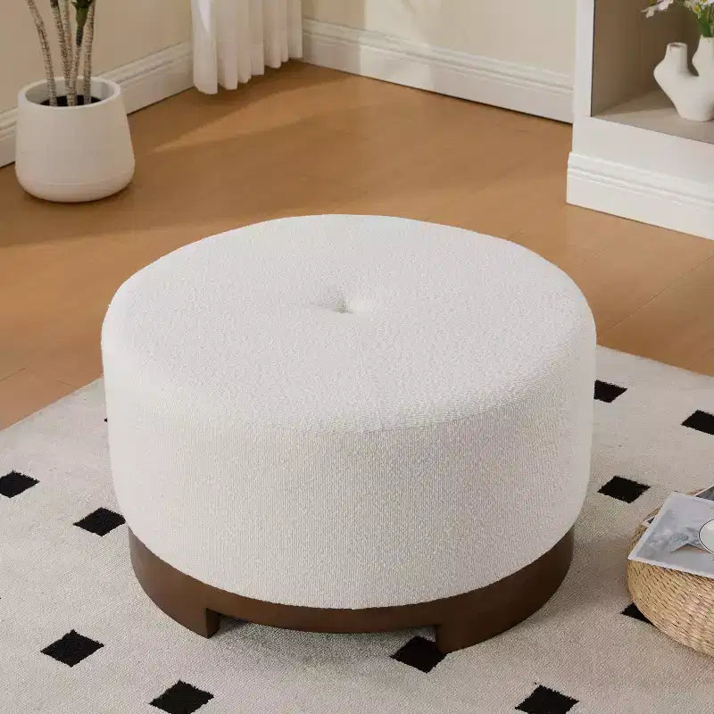 Ottoman rembourré en boucle, en hévéa, rond et moderne