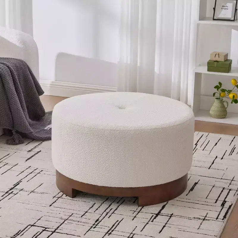 Christopher Knight Home Maelo Modern Round Rubberwood Boucle Upholstered Ottoman