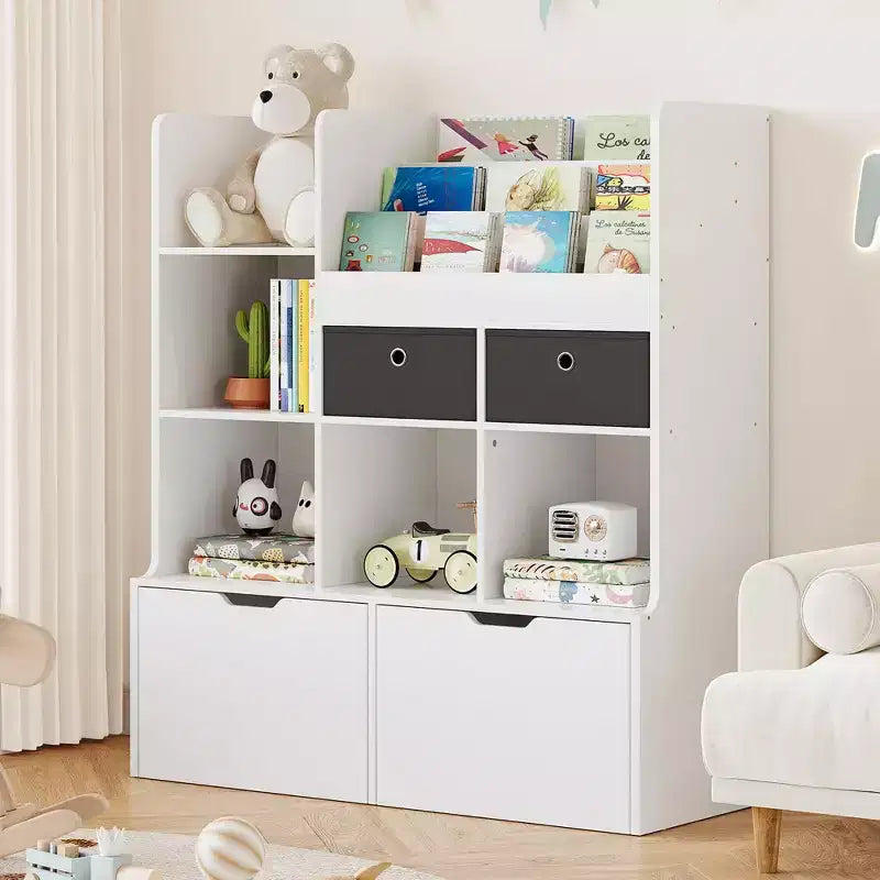 47.8 White Kids Bookshelf with 4 Drawers C Modern Wooden Toy Storage Organizer with Cubbies for Playroom, Classroom, Nursery & Kids Room