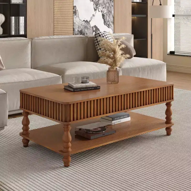 Table basse vintage avec plateau relevable et rangement, pieds en bois massif, 2 niveaux