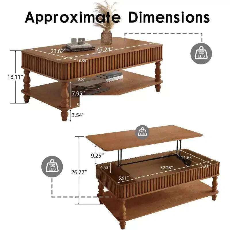 Table basse vintage avec plateau relevable et rangement, pieds en bois massif, 2 niveaux