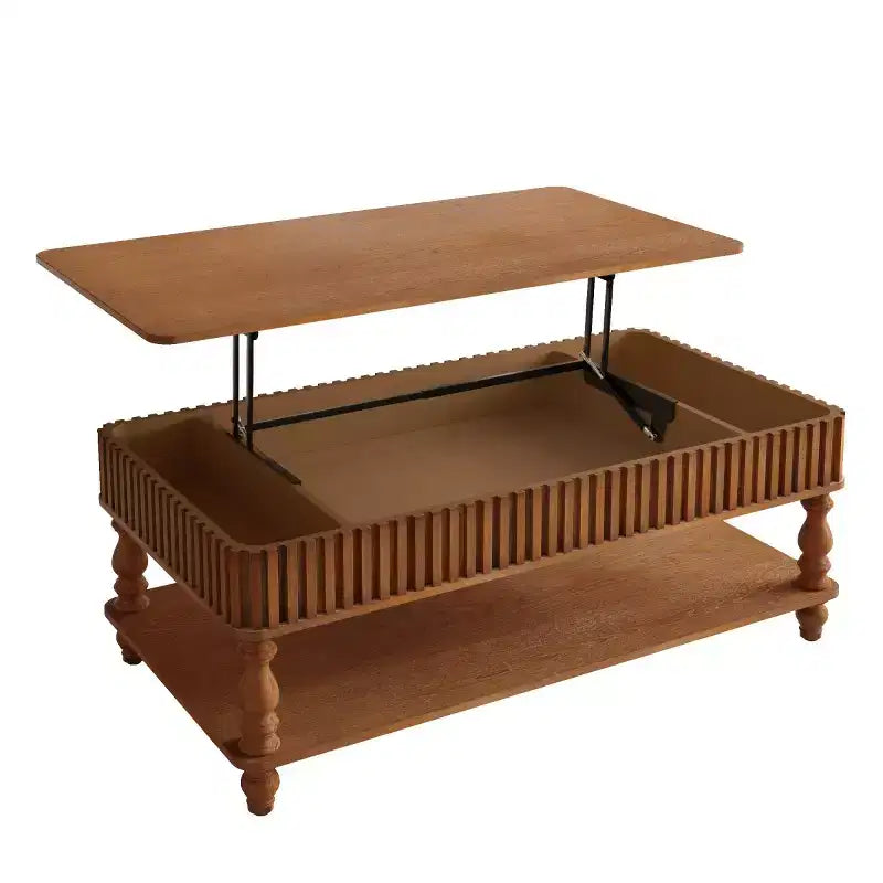 Table basse vintage avec plateau relevable et rangement, pieds en bois massif, 2 niveaux