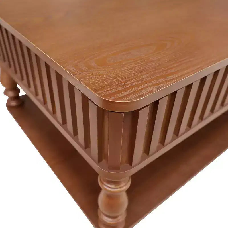 Table basse vintage avec plateau relevable et rangement, pieds en bois massif, 2 niveaux