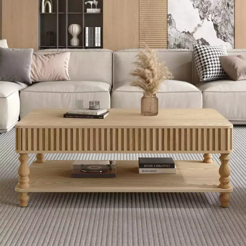 Table basse vintage avec plateau relevable et rangement, pieds en bois massif, 2 niveaux