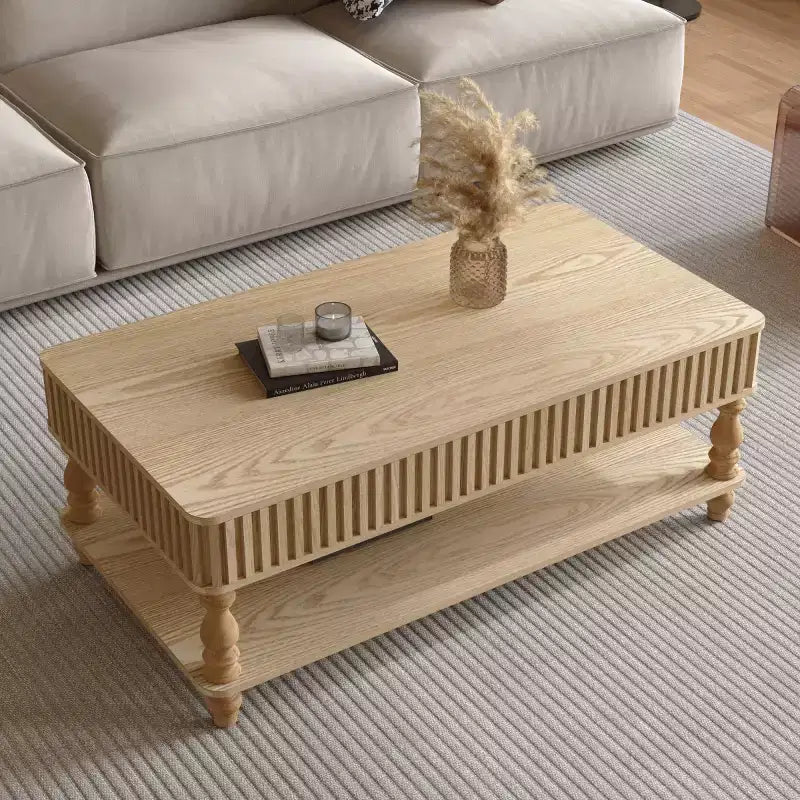 Table basse vintage avec plateau relevable et rangement, pieds en bois massif, 2 niveaux