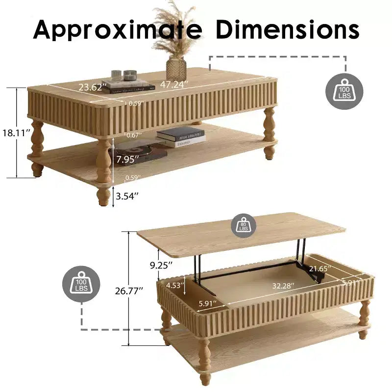 Table basse vintage avec plateau relevable et rangement, pieds en bois massif, 2 niveaux