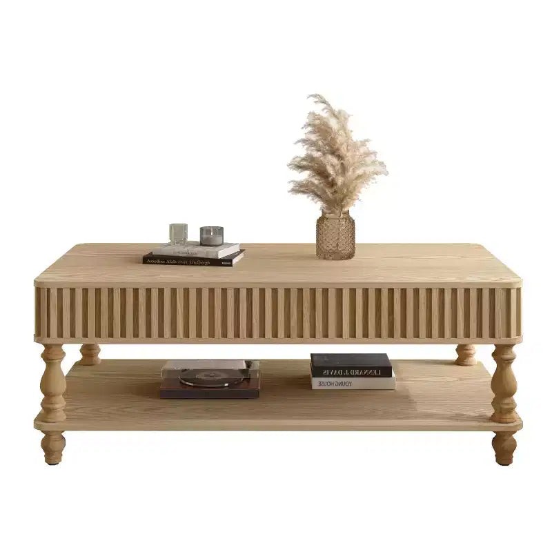Table basse vintage avec plateau relevable et rangement, pieds en bois massif, 2 niveaux