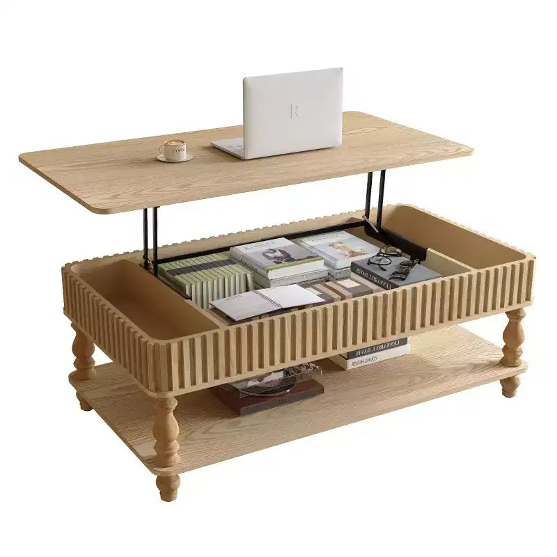 Table basse vintage avec plateau relevable et rangement, pieds en bois massif, 2 niveaux