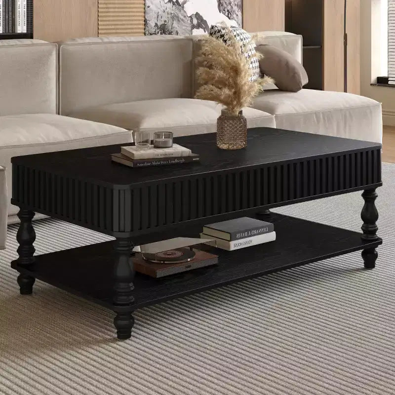 Table basse vintage avec plateau relevable et rangement, pieds en bois massif, 2 niveaux