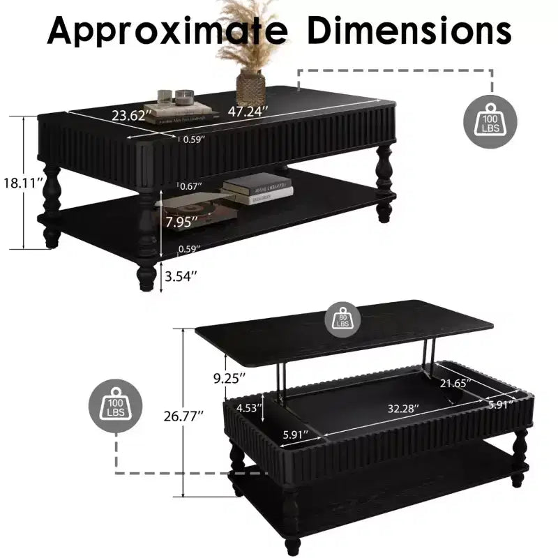 Table basse vintage avec plateau relevable et rangement, pieds en bois massif, 2 niveaux