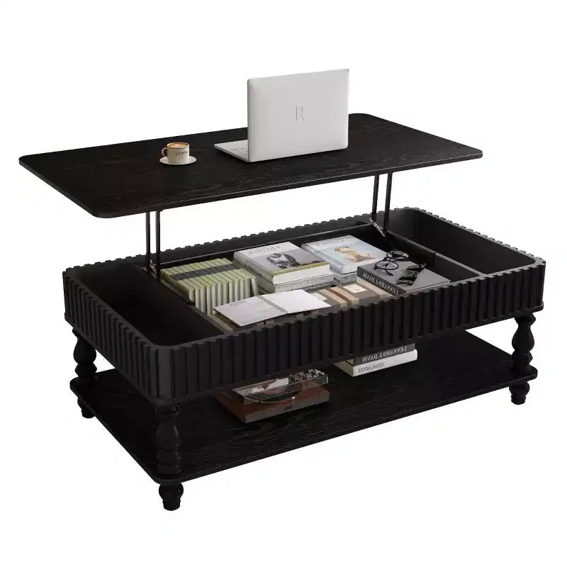Table basse vintage avec plateau relevable et rangement, pieds en bois massif, 2 niveaux