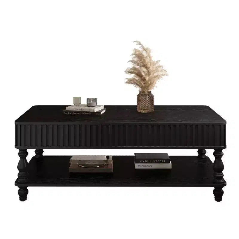 Table basse vintage avec plateau relevable et rangement, pieds en bois massif, 2 niveaux