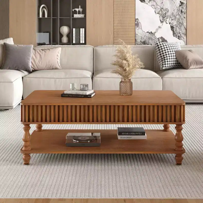 Table basse vintage avec plateau relevable et rangement, pieds en bois massif, 2 niveaux
