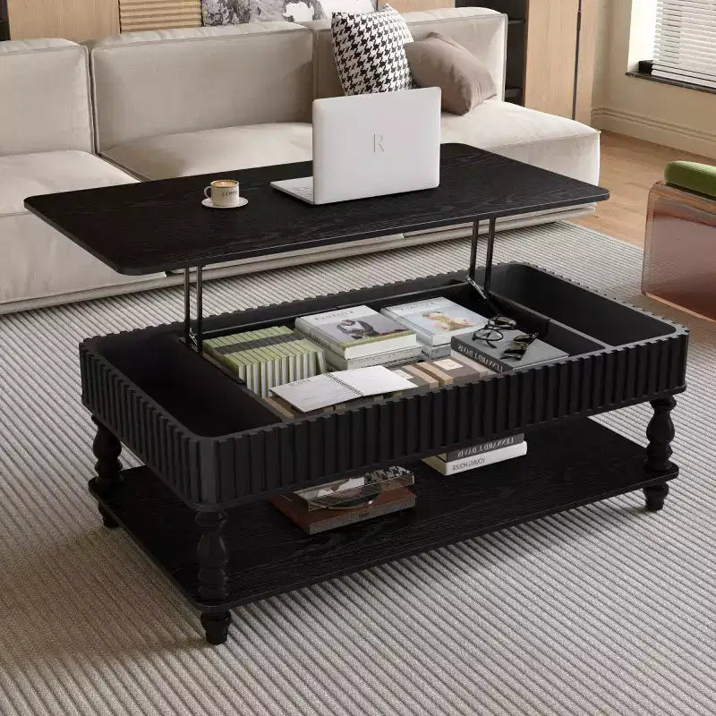47 Vintage Lift-Top Coffee Table with Storage, Solid Wood Legs 2-Tier Center Table, Rustic Cocktail Table for Living Room-Panipeachy