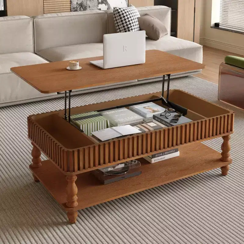 Table basse vintage avec plateau relevable et rangement, pieds en bois massif, 2 niveaux