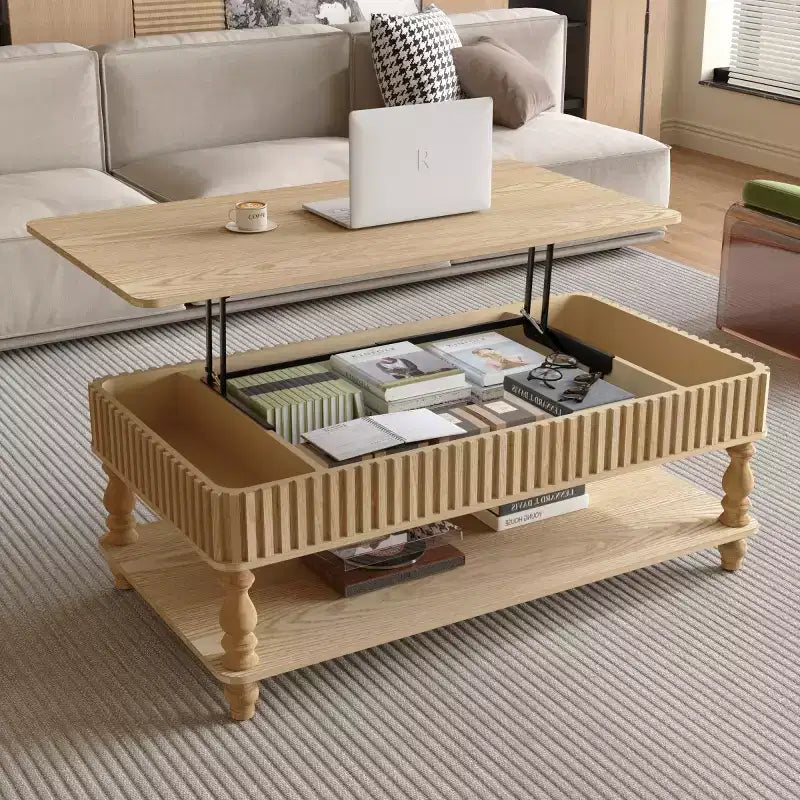 Table basse vintage avec plateau relevable et rangement, pieds en bois massif, 2 niveaux